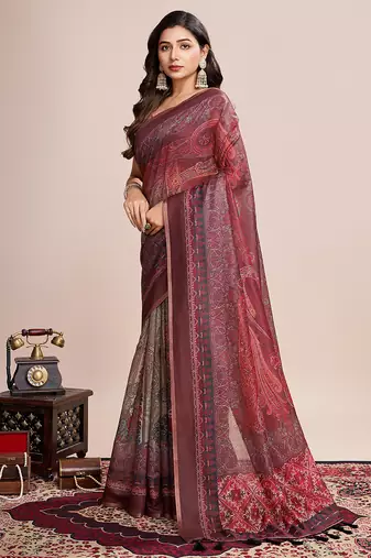 maroon woven semi linen saree with blouse
