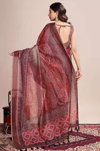 maroon woven semi linen saree with blouse