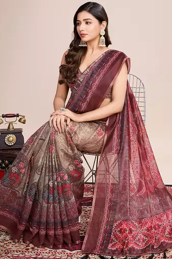maroon woven semi linen saree with blouse