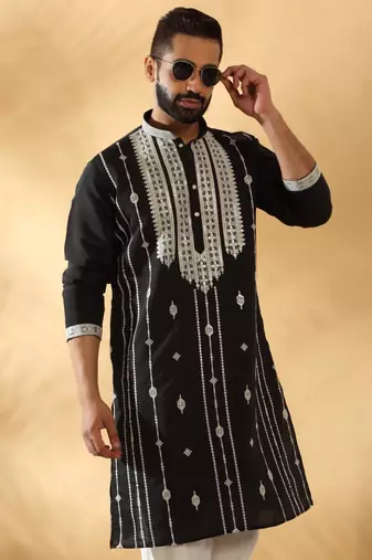 Cotton silk beads work zari embroidered sequin black kurta with trouser pant