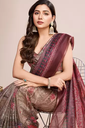 maroon woven semi linen saree with blouse