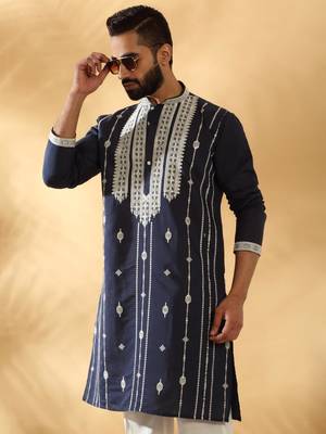 Cotton silk beads work zari embroidered sequin navy blue kurta trouser pant 1