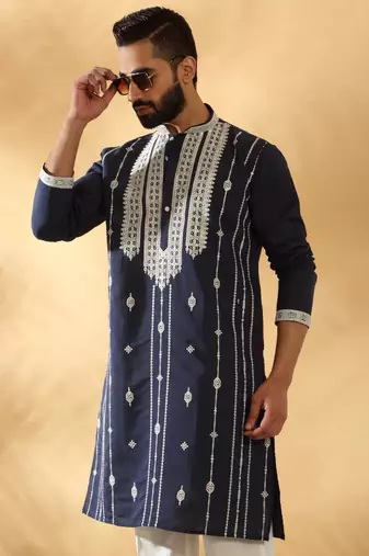 Cotton silk beads work zari embroidered sequin navy blue kurta trouser pant