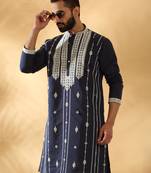 Cotton silk beads work zari embroidered sequin navy blue kurta trouser pant