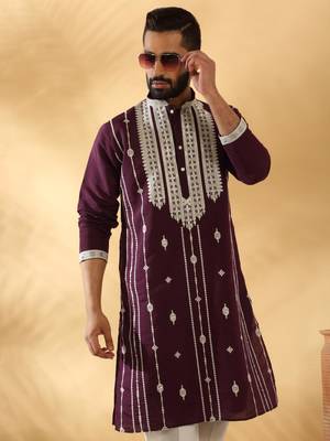 Cotton silk beads work zari embroidered sequin wine kurta trouser pant 1