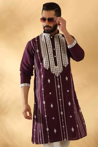 Cotton silk beads work zari embroidered sequin wine kurta trouser pant