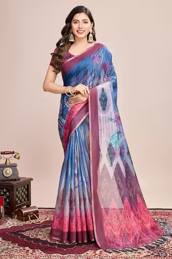 navy blue woven semi linen saree with blouse