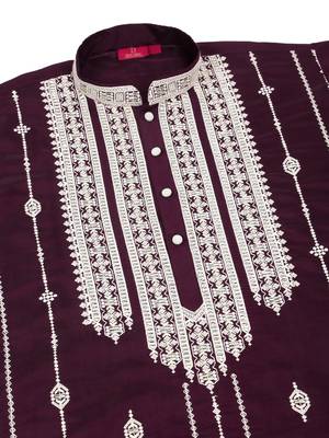 Cotton silk beads work zari embroidered sequin wine kurta trouser pant 4