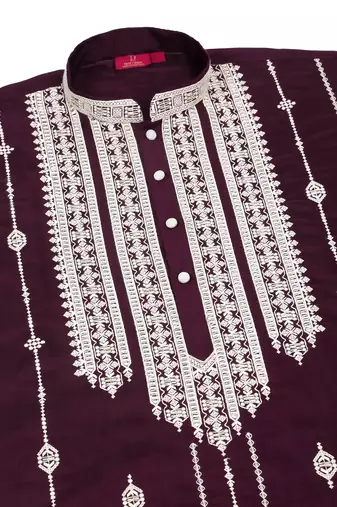 Cotton silk beads work zari embroidered sequin wine kurta trouser pant