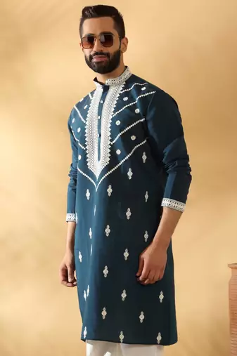 Cotton silk beads work yoke design embroidered sequin blue kurta trouser pant