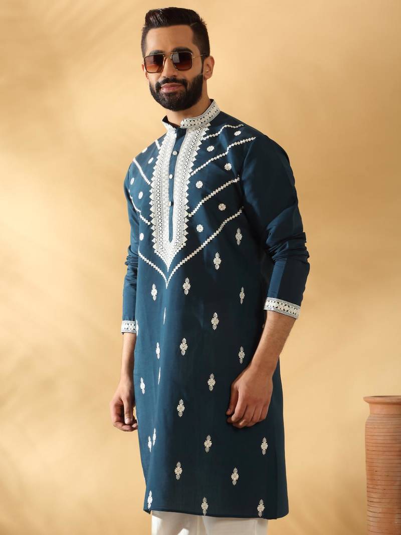 Cotton silk beads work yoke design embroidered sequin blue kurta trouser pant