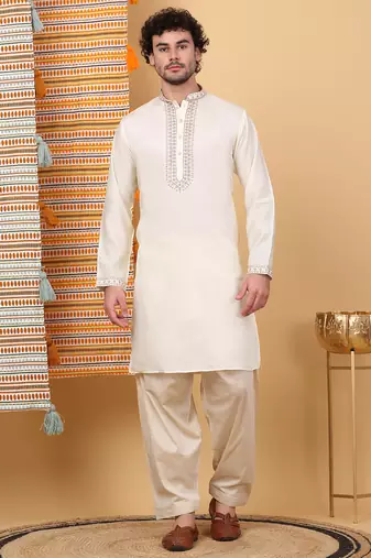 Men linen ethnic motifs embroidered cream kurta with beige salwar
