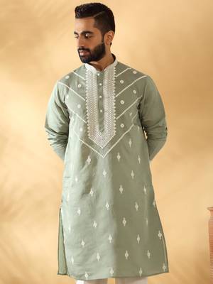 Cotton silk beads work yoke design embroidered sequin green kurta with trouser pant 1