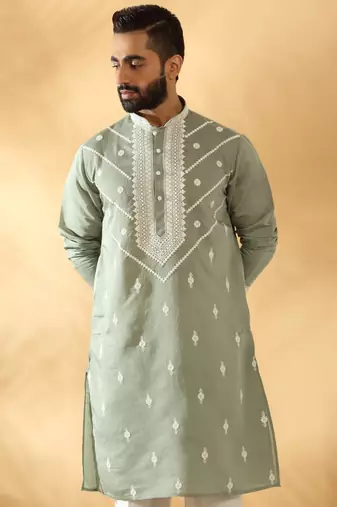 Cotton silk beads work yoke design embroidered sequin green kurta with trouser pant