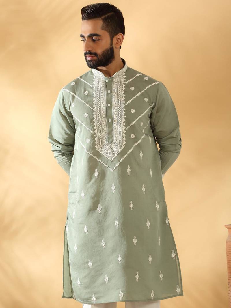 Cotton silk beads work yoke design embroidered sequin green kurta with trouser pant
