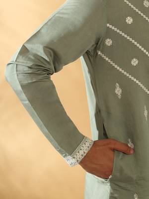 Cotton silk beads work yoke design embroidered sequin green kurta with trouser pant 2