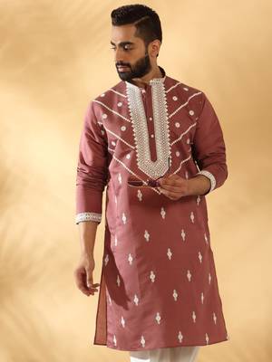 Cotton silk beads work yoke design embroidered sequin mauve kurta with trouser pant 1
