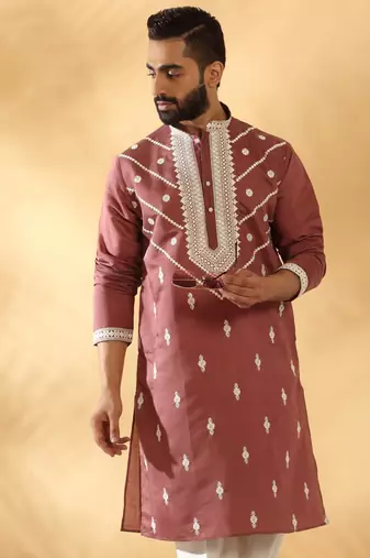 Cotton silk beads work yoke design embroidered sequin mauve kurta with trouser pant