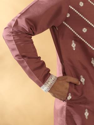 Cotton silk beads work yoke design embroidered sequin mauve kurta with trouser pant 2