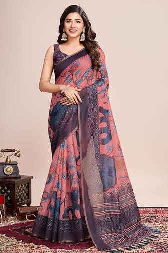 peach woven semi linen saree with blouse