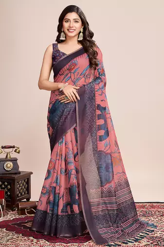 peach woven semi linen saree with blouse