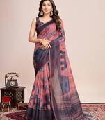 peach woven semi linen saree with blouse