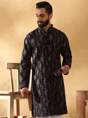 Cotton silk embroidered floral work black kurta with trouser pant 1