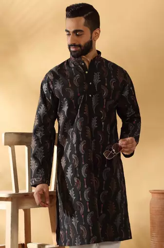 Cotton silk embroidered floral work black kurta with trouser pant