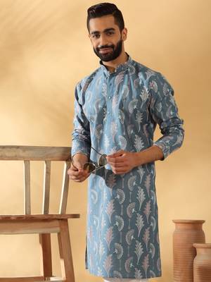 Cotton silk embroidered floral work blue kurta with trouser pant 1