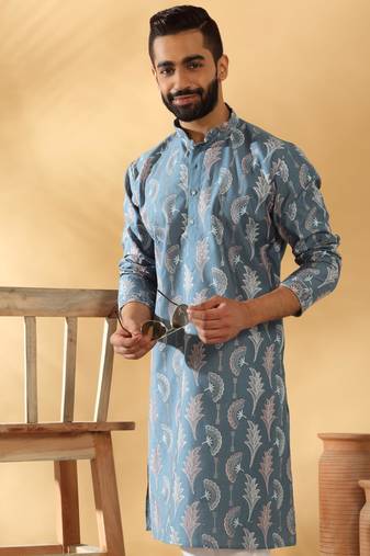 Cotton silk embroidered floral work blue kurta with trouser pant