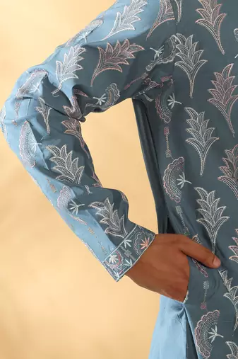 Cotton silk embroidered floral work blue kurta with trouser pant