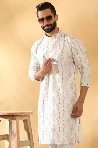 Cotton silk embroidered floral work cream kurta with trouser pant