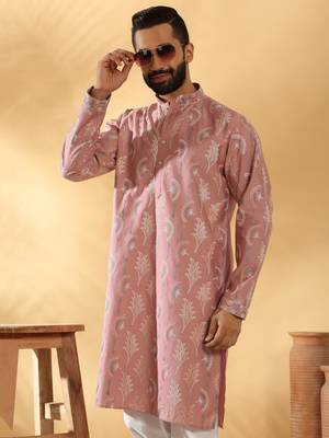 Cotton silk embroidered floral work mauve kurta with trouser pant 1