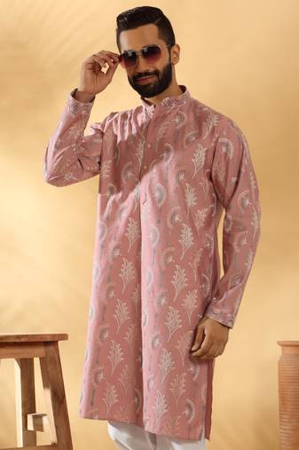 Cotton silk embroidered floral work mauve kurta with trouser pant