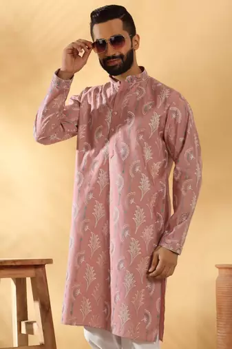 Cotton silk embroidered floral work mauve kurta with trouser pant