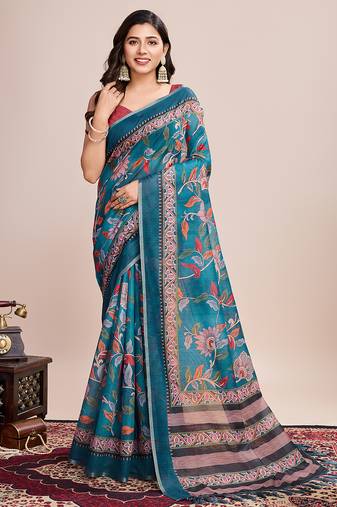 turquoise woven semi linen saree with blouse