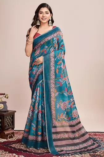 turquoise woven semi linen saree with blouse