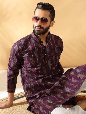 Cotton silk embroidered floral work wine kurta with trouser pant 1