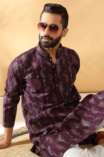 Cotton silk embroidered floral work wine kurta with trouser pant