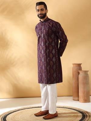 Cotton silk embroidered floral work wine kurta with trouser pant 2
