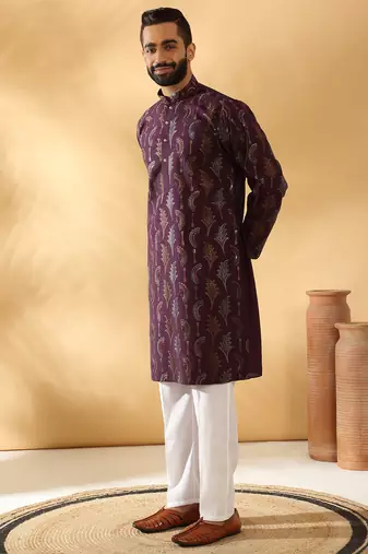 Cotton silk embroidered floral work wine kurta with trouser pant