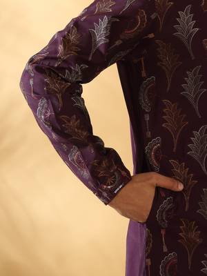 Cotton silk embroidered floral work wine kurta with trouser pant 3
