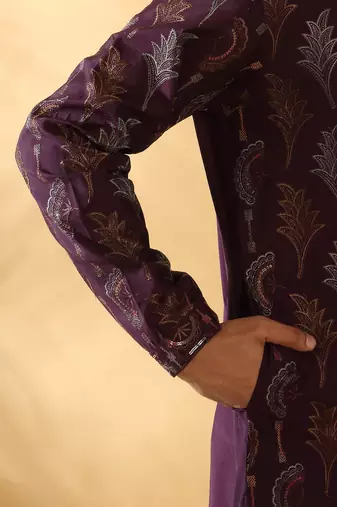 Cotton silk embroidered floral work wine kurta with trouser pant