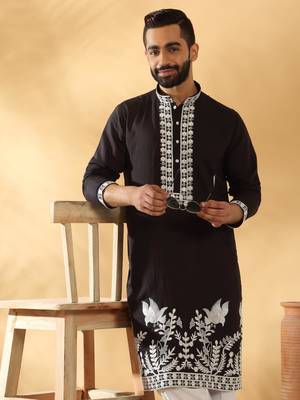 Cotton silk embroidered sequin work black kurta with trouser pant 1