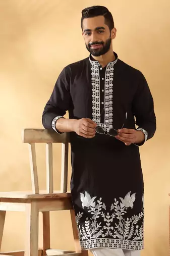 Cotton silk embroidered sequin work black kurta with trouser pant
