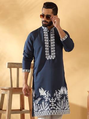 Cotton silk embroidered sequin work blue kurta with trouser pant 1