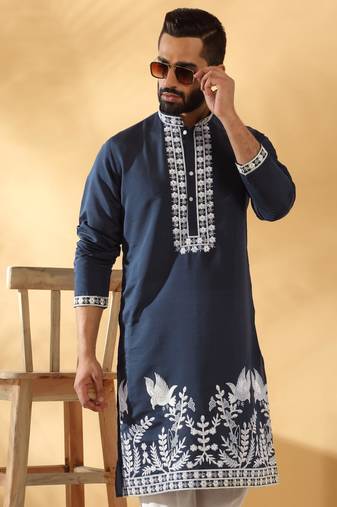 Cotton silk embroidered sequin work blue kurta with trouser pant