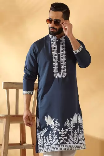 Cotton silk embroidered sequin work blue kurta with trouser pant