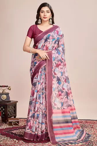 magenta woven semi linen saree with blouse