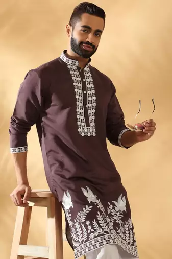 Cotton silk embroidered sequin work wine kurta with trouser pant
